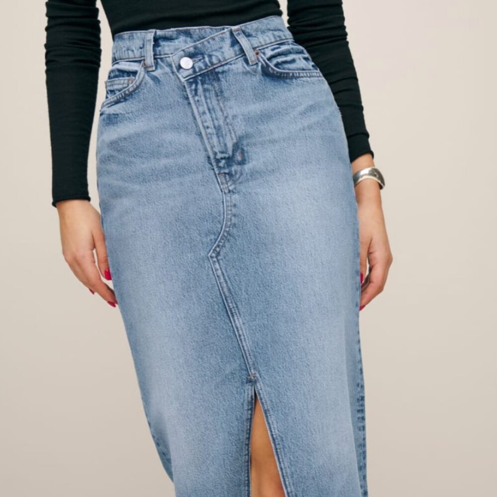 Reformation Nila Long Denim Skirt in Galway Size 28